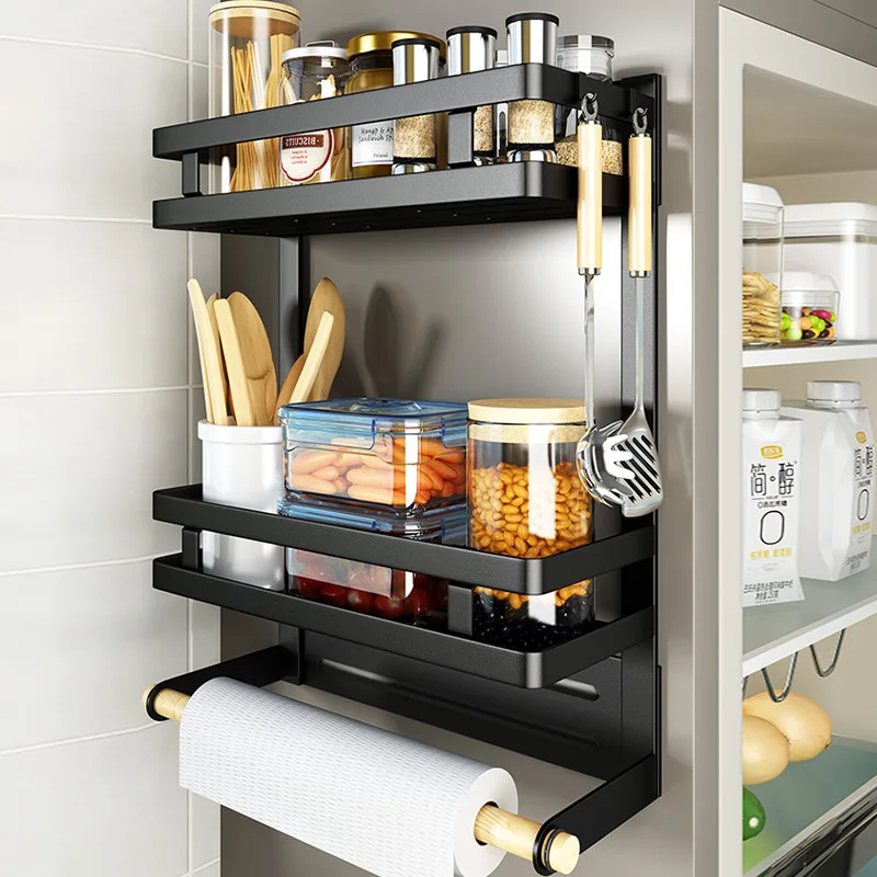 1Pc Multi Layer Household Storage Shelf Seasoning Storage Rack Fresh Keeping Bag Holder Magnetic Refrigerator Shelf