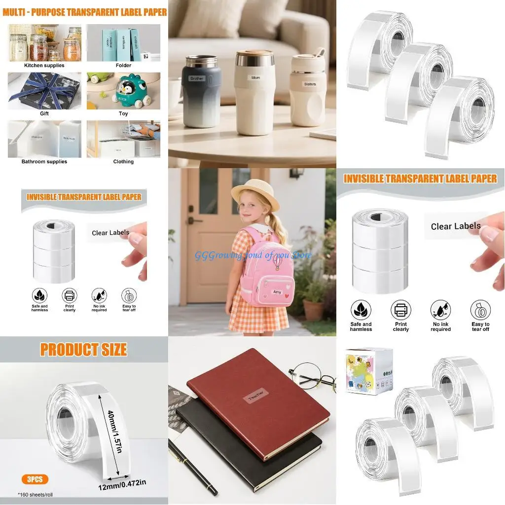 

H9EB 480Pcs Clear Thermal Printer Label Sticker Water Resistant Adhesive Labels