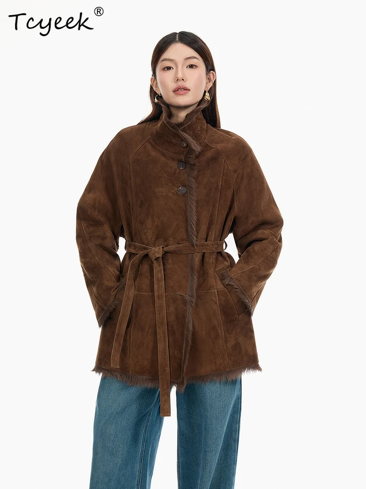 Tcyeek 本物のウール 秋冬 ハイエンド トレンド スタンドカラー 無地 ミディアム丈 レディース ウール シアリング ファーコート