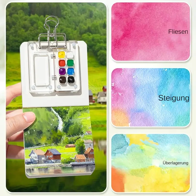 Mini-Aquarellfarben-Set aus klarem Acryl – 8-fach Palette mit 12 Farben, 6 Pinseln, Clips und Aquarellpapier-Notizbuch – Detail 4
