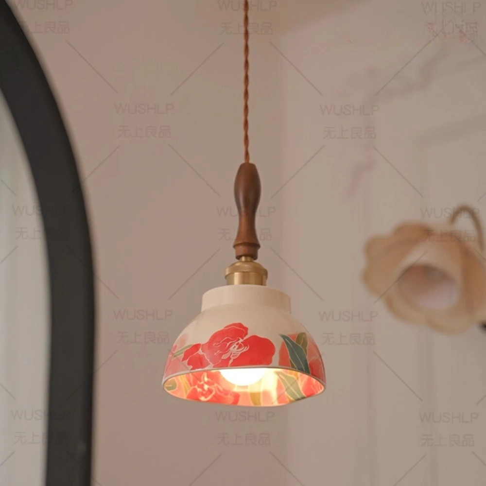 

Ceramic pendant lamp bedside hanging line lamp French retro aisle lamp antique entrance entrance wood lighting fixture