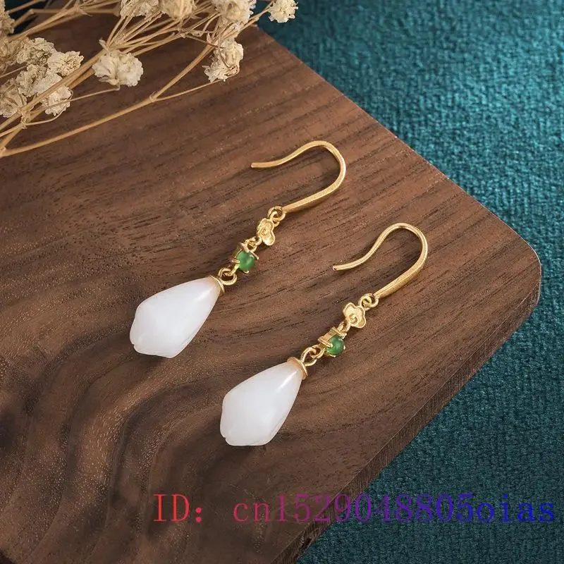 White Jade Flower Earrings Gemstone Crystal Charm Fashion 925 Silver Gifts Jewelry Zircon Natural Chalcedony Women Amulet