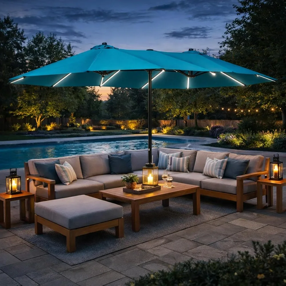 

15ft Double-Sided Rectangular Patio Umbrella, Base Included, Crank Lift Outdoor Market Umbrella, Customized