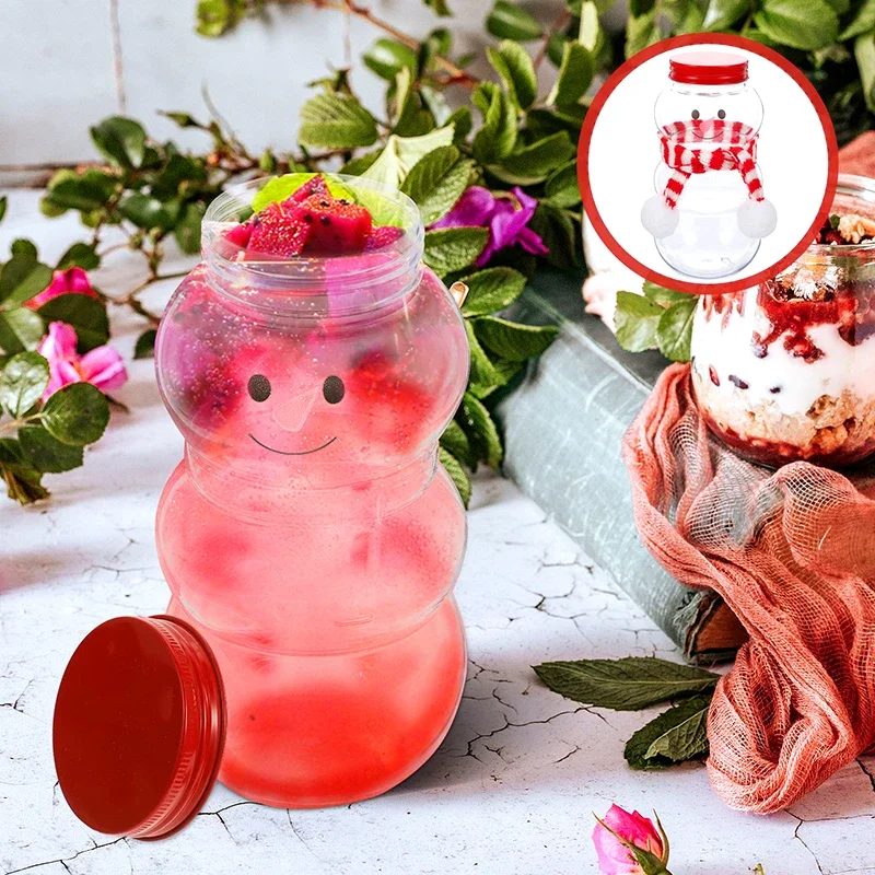 Christmas Snowman Shape Milk Bottles Clear Plastic Candy Biscuits Food Storage Container Juice Tea Jar Gift Box Xmas Party Favor