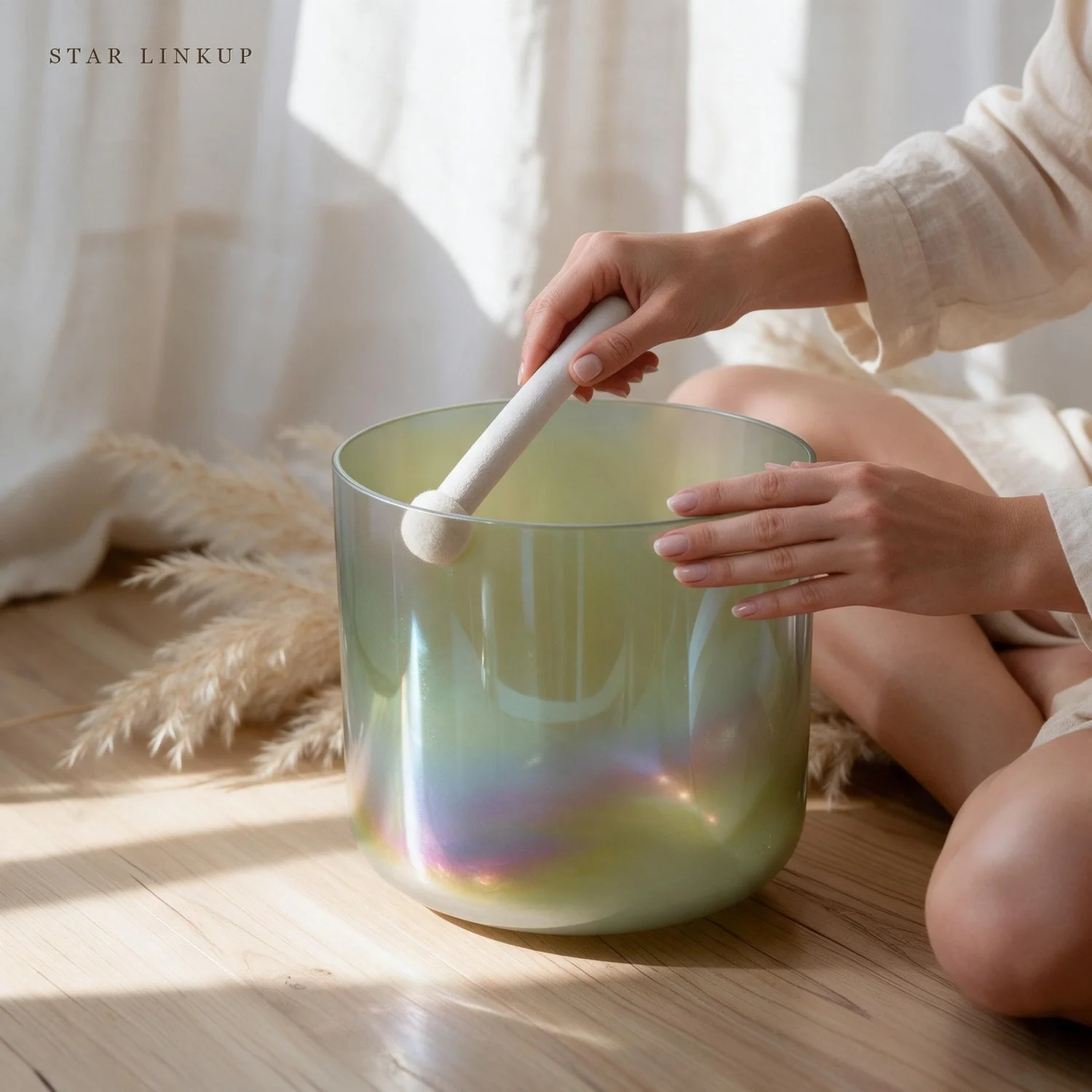 STAR LINKUP 7 Inch Pink Aura Cosmic Clear Alchemy Colored Quartz Crystal Singing Bowl for Sound Healing with Mallet. Handcrafted crystal instrument with a warm, sustained tone for daily mindfulness and deep relaxation.