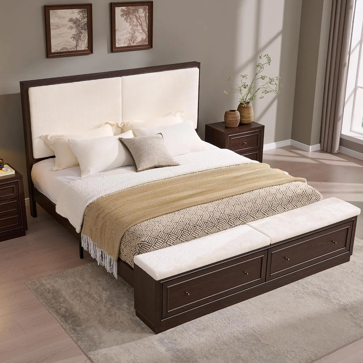 Upholstered King Bed Frame with Storage Bench, Walnut Wood, Customized