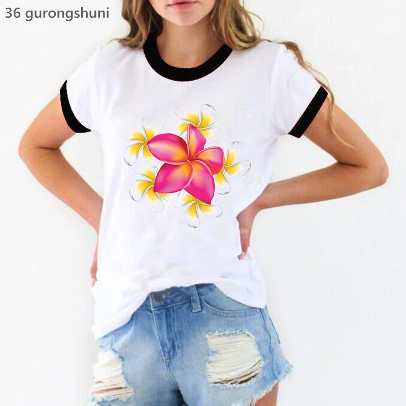 Plumeria Aloha Graphic Print Tshirt Girls Summer Fashion White T Shirt Women Korean Style Clothes Short Sleeve T-Shirt Female