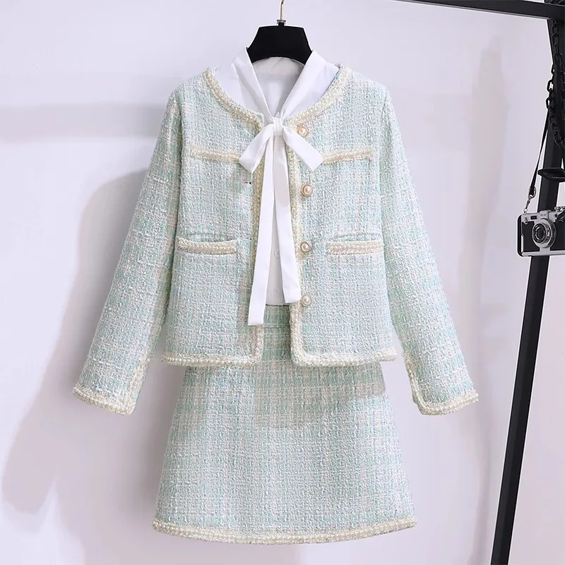 High Quality Small Fragrant Wind Two Piece Set Women Elegant Outfits Beaded Pearl Tweed Jacket Coat+Mini Skirt Suit Spring New