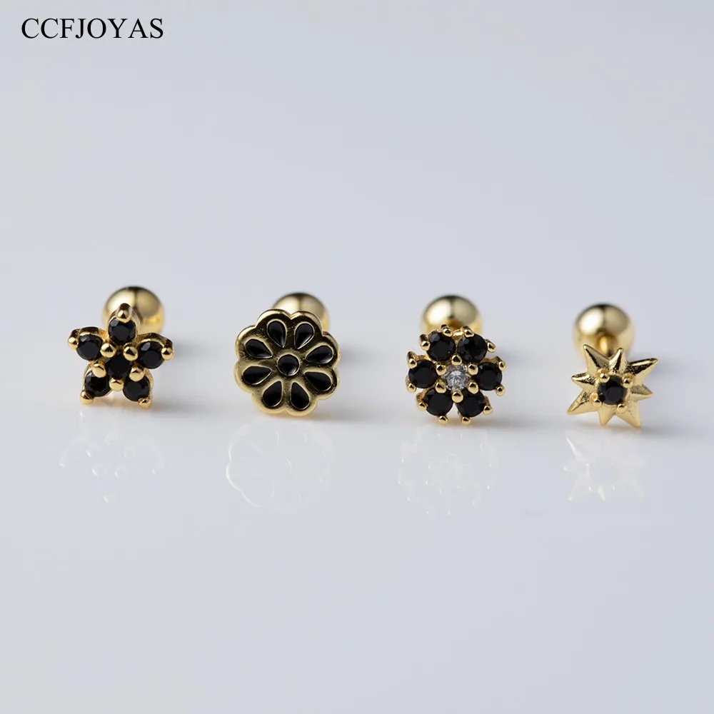 

CCFJOYAS Black Zircon Screw Earrings 925 Sterling Silver Flower Stud Earrings for Women Fashion Piercing Stackable Earrings