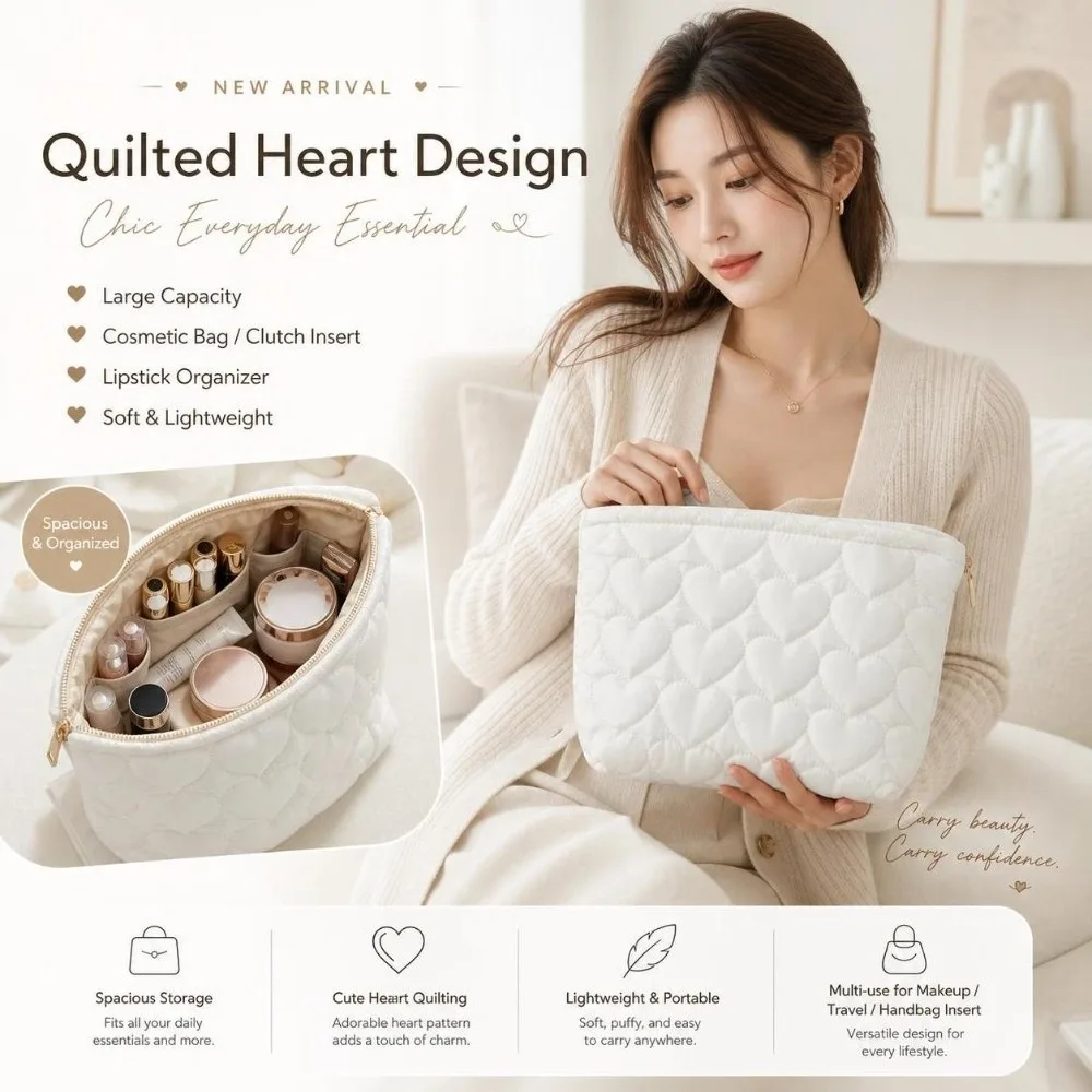 Large Capacity Travel Makeup Organizer Bag Heart Soft Padded Portable Toiletry Organizer Lightweight Zipper Makeup Toiletry Bag