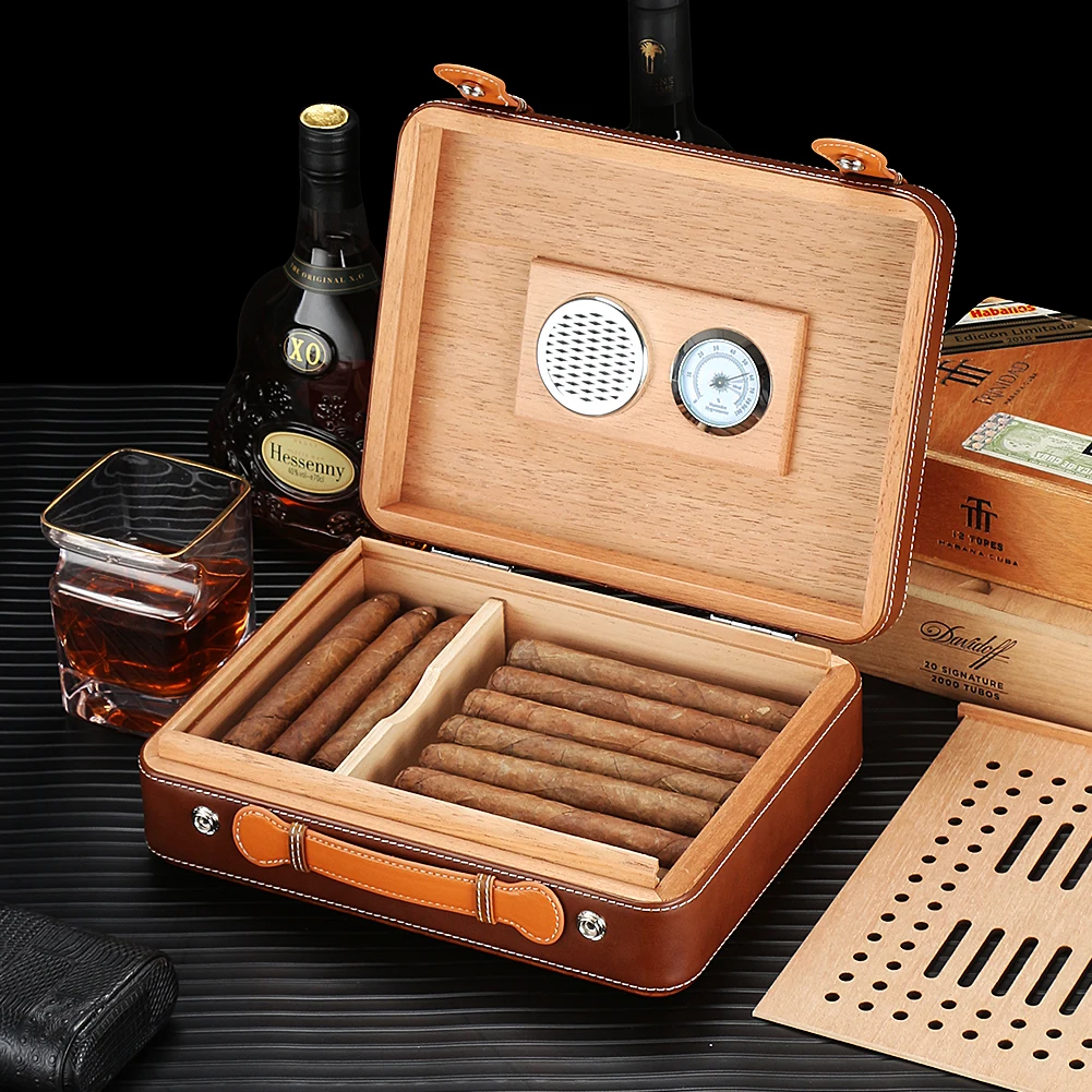 GALINER Luxury Cigar Humidor Leather Tobacco Case Box Lining Cedar Wood With Portable Humidifier Cigar Hygrometer Professional