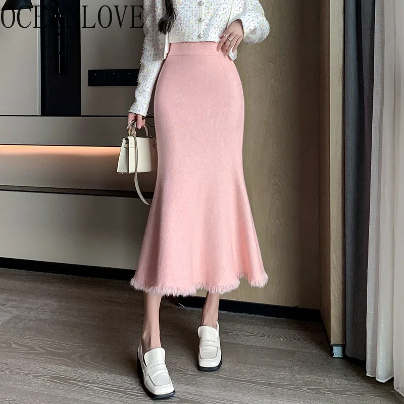 OCEANLOVE Knitting Mermaid Skirts for Women Solid Sweet Tassels Korean Fashion Faldas Mujer Autumn Winter Thick Long Skirt