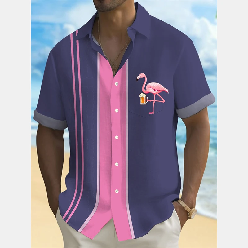 

Fashion Giraffe Beer Print Men's Shirts Simple Casual Stripe Shirts Lapel Button Summer 2025 Fashion Daily Breathable Blouse