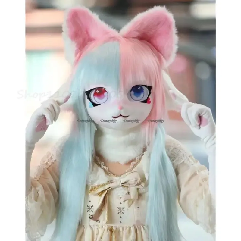 ليلي 123 رؤساء الحيوان Fursuit Kigurumi فروي فتاة تأثيري دمية الأرنب القط ازياء يمكن ارتداؤها كيغ سماعات الحيوان