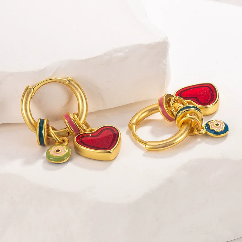 925 Sterling Silver Enamel Heart Circle Earrings for Women,  Minimalist Design Ear Stud Jewelry Gift