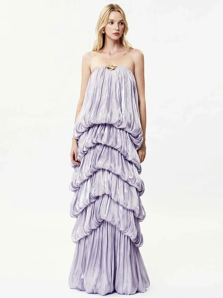 Weird Puss Elegant Tiered Dress Women Fashion Classic Ruched Backless Sleeveless Sexy Simple Evening Party Club Maxi Bodycon
