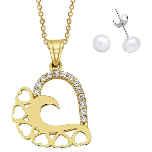 

Gold Heart Necklace + Pearl Earrings Elegant Women 'S Stylish Unique Design Long Lasting Top Rated Model Boxed Gift Fashion Yellow gray