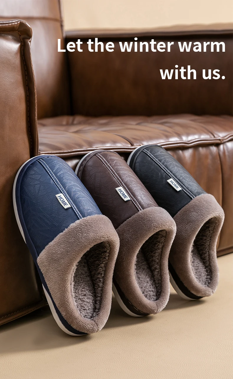 Herren Winter PU-Leder Wasserdichte Geschlossene Warme Hausschuhe, Slip-On mit Dickem Plüschfutter, Rutschfeste Weiche Sohle, Gemütliche Hausschuhe – Detail 3