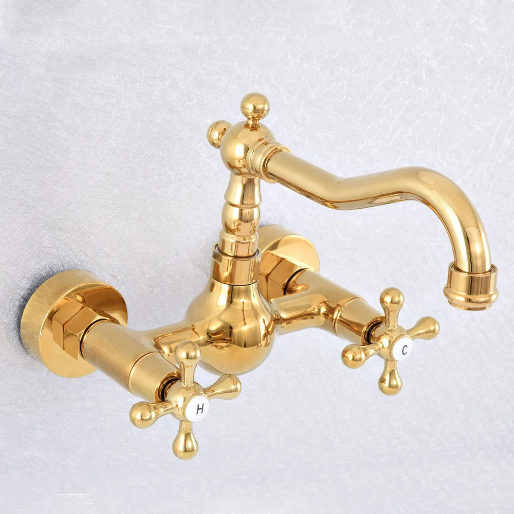 Polished Gold Color Brass Wall Mounted Double Cross Handles Bathroom Kitchen Sink Faucet Mixer Tap Swivel Spout asf621