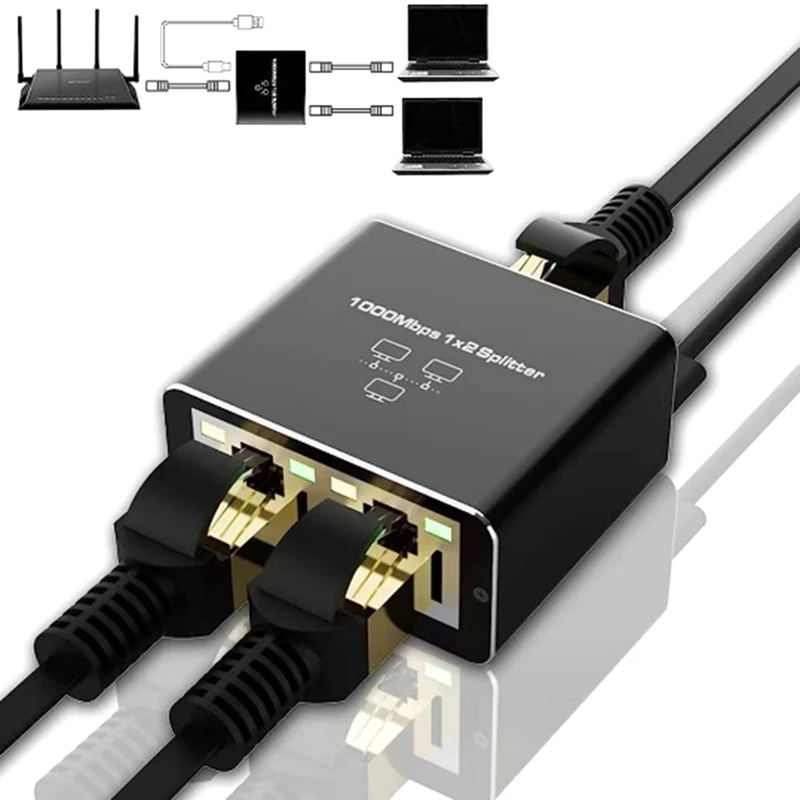 Pemisah Ethernet plastik, adaptor Splitter RJ45 kecepatan tinggi 1000Mbps Output 1 In 2 untuk Cat5/5E/6/7/8 dan lainnya