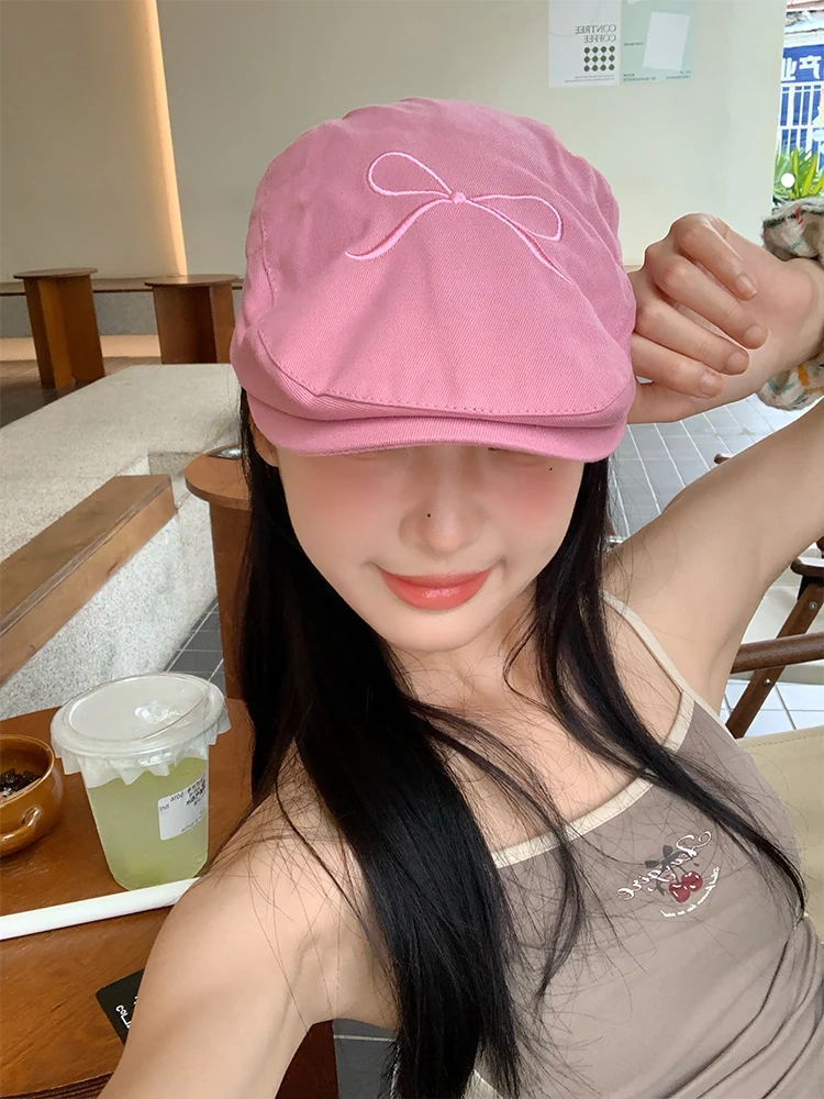 Retro American Pink Bowtie Denim Beret Hat Women's Lightweight Spring Summer Fashionable Streetwear round Crown Hat