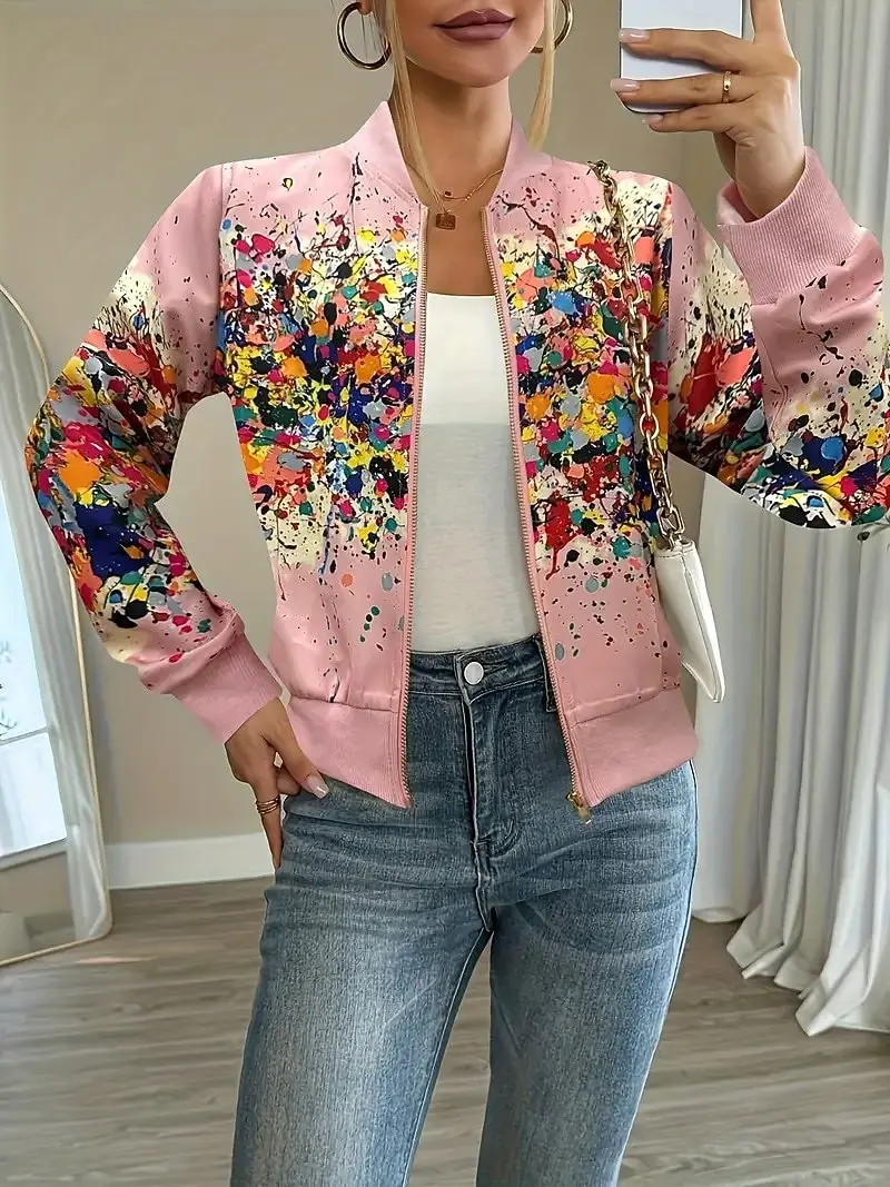 fashion Women's Floral Baseball Jacket, Quick Dry  Fabric, Zipper Pocket Design, Elegant Fall Casual Style