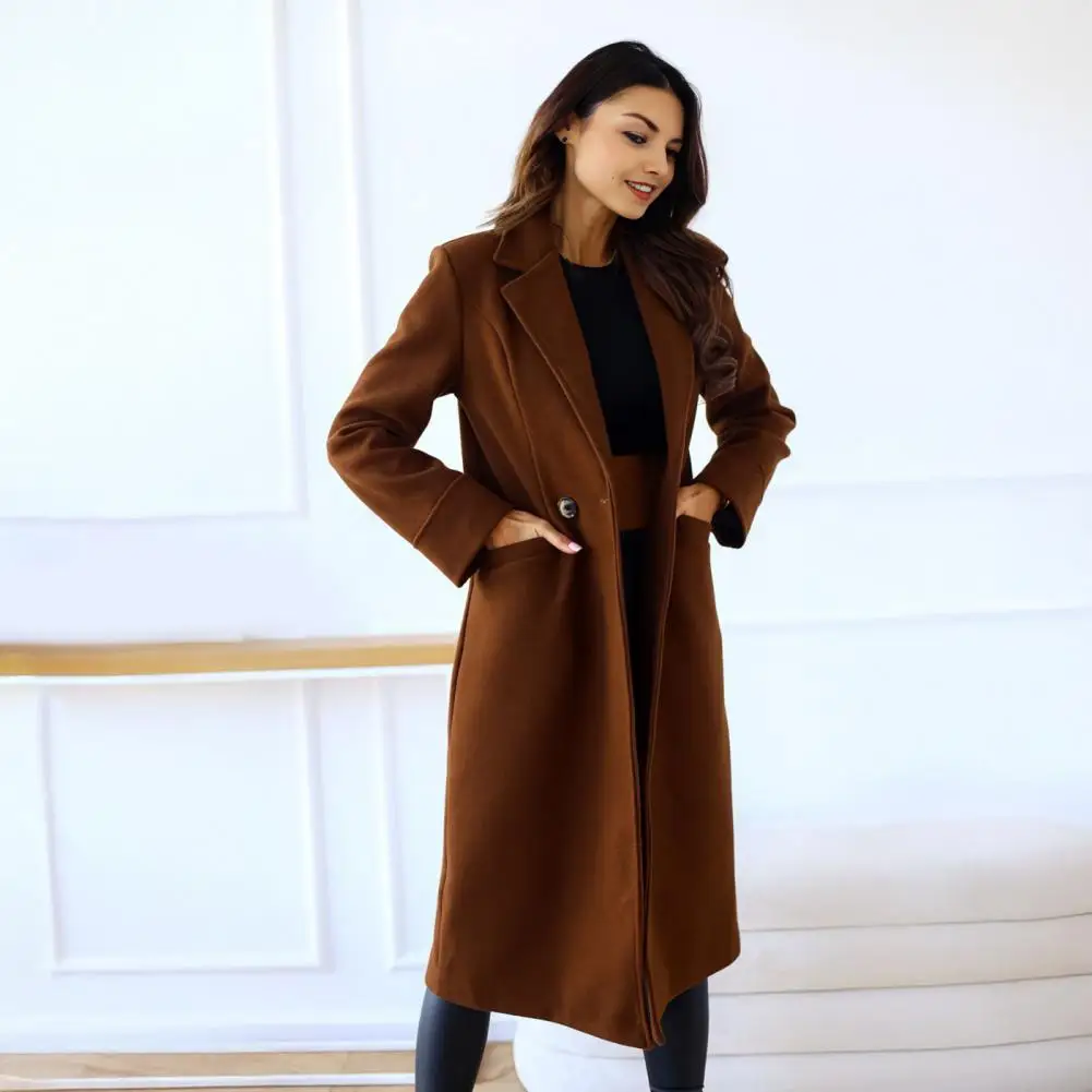 

Шерстяное пальто на пуговицах с лацканами, осенне-зимнее женское однобортное шерстяное пальто с длинными рукавами, теплый плащ 2025