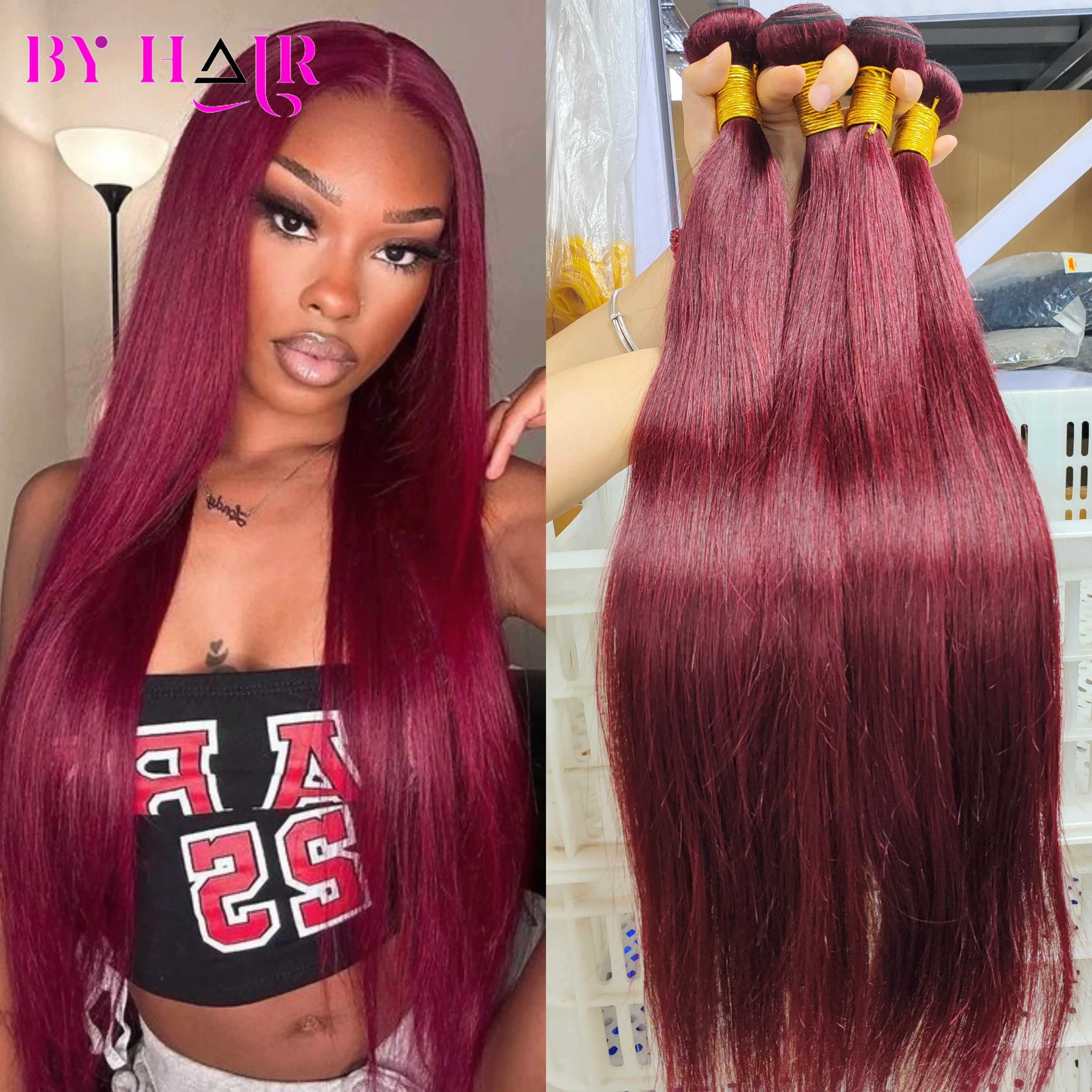 Mèches brésiliennes Remy lisses bordeaux 99J, tissage d'extensions de cheveux 100% naturels bruts, 26 pouces, 1/3/4 pièces