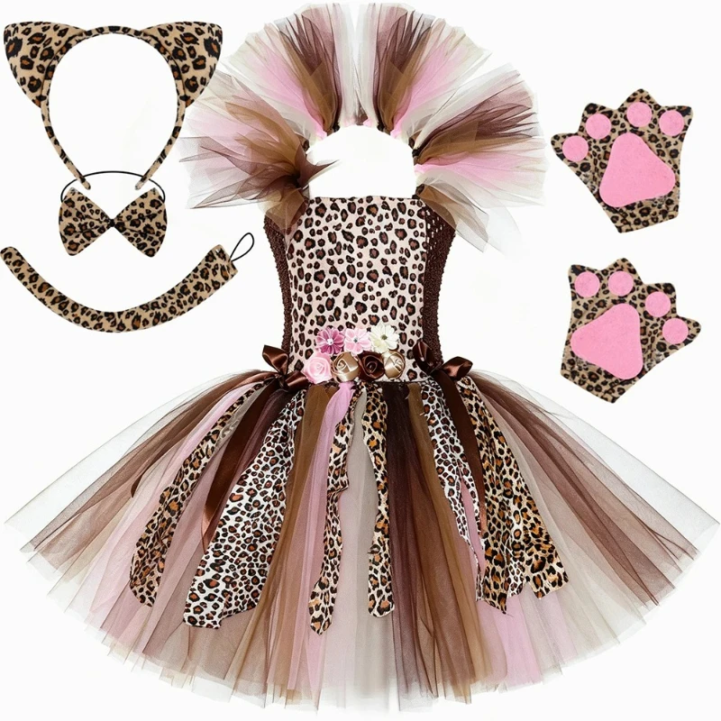 Tropical Jungle Cheetah Print Tutu Dress Flower Embellishment for Talent Show Carnival Wildlife Inspired Cosplay Styling Attire