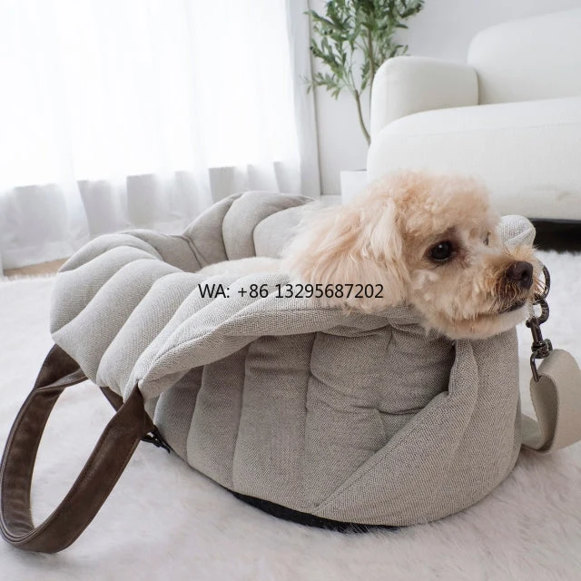 

Изготовленное на заказ 2 в 1, бежевое автокресло из искусственного льна для собак, дорожная сумка-переноска для домашних животных, бустер для маленьких собак/кошек, классический стиль, для использования в помещении и на открытом воздухе