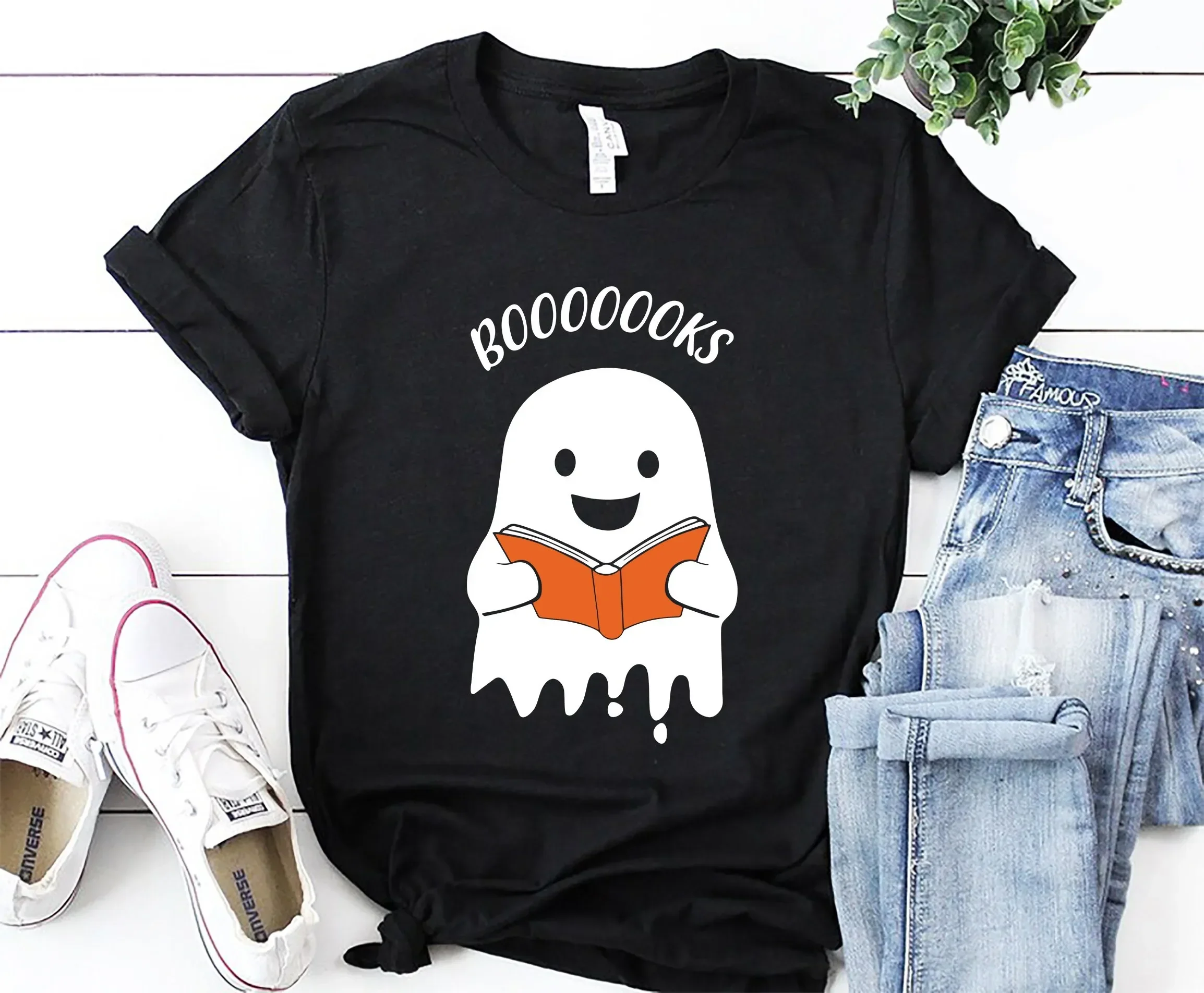 Ghost Books Booooks T Shirt Halloween Reading Librarian Bookworm Party Teacher