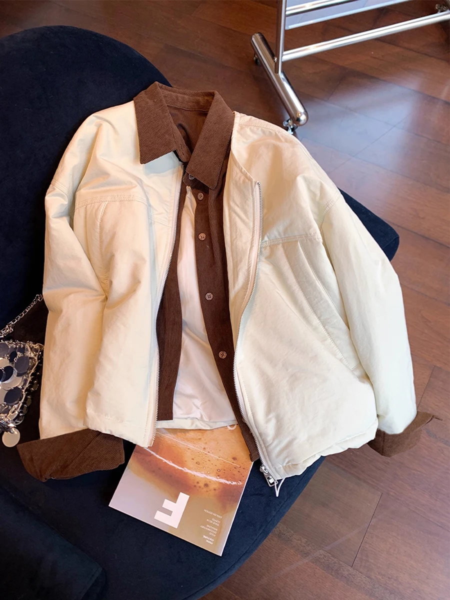 

Retro Color Blo Corduroy Cotton Jaet Women's Warm Sli Lazy Autumn Winter Faion Outerwear Unique Design Sense