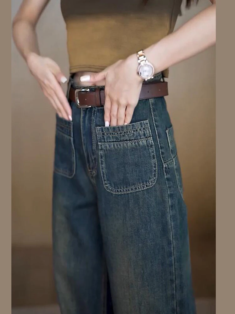 Pantalones Vaqueros Retro de Mezclilla, Cintura Alta, Pierna Recta, Largos hasta el Suelo, Casuales, a la Moda, para Mujer, Diseño Nuevo de Otoño, con Cinturón