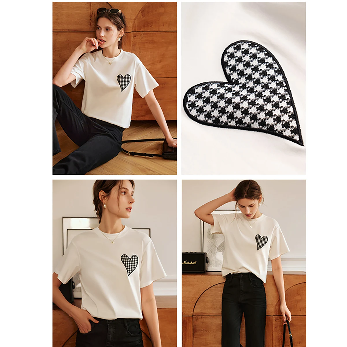 ‌OLrain Women's Summer Tee Shirt Heart Embroidery Short Sleeve White Top 2025 French Fashion O-Neck Loose Fit T-shirt O22XT00996