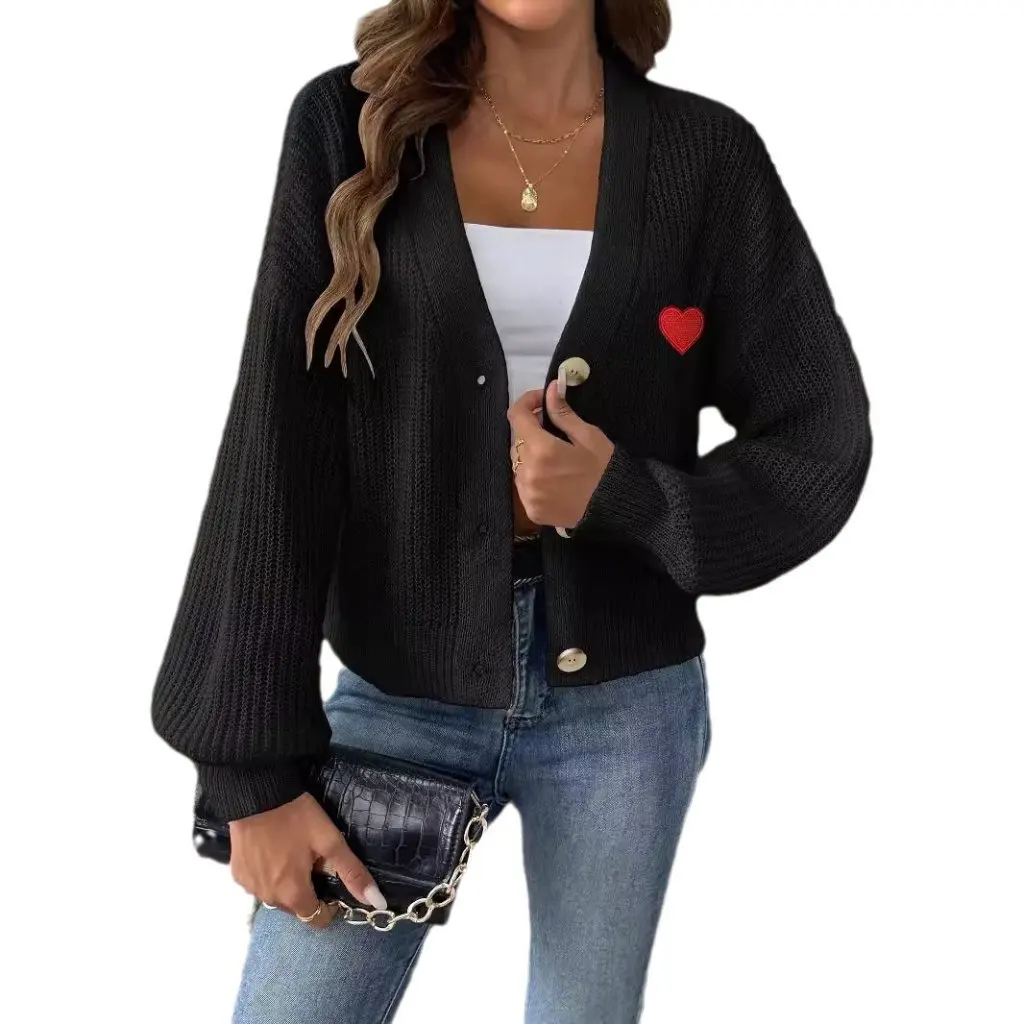 

Women's Woven Sweater Short Button Cardigan European American Style Autumn Winter Love Sticker Design Fashion