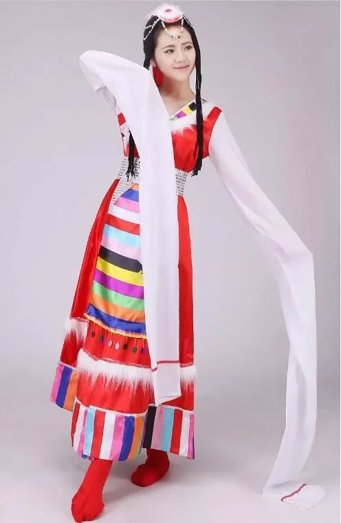 Chiński strój do tańca ludowego Kostium Tybetańska sukienka damska Przedłużający rękaw