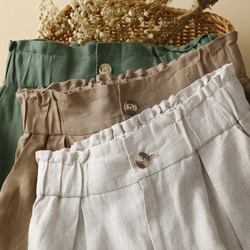 

Casual Cotton Linen Five-Quarter Wide Leg Pants Skirt High Waist Commute Style Asymmetric Design Summer Collection Women's Wear