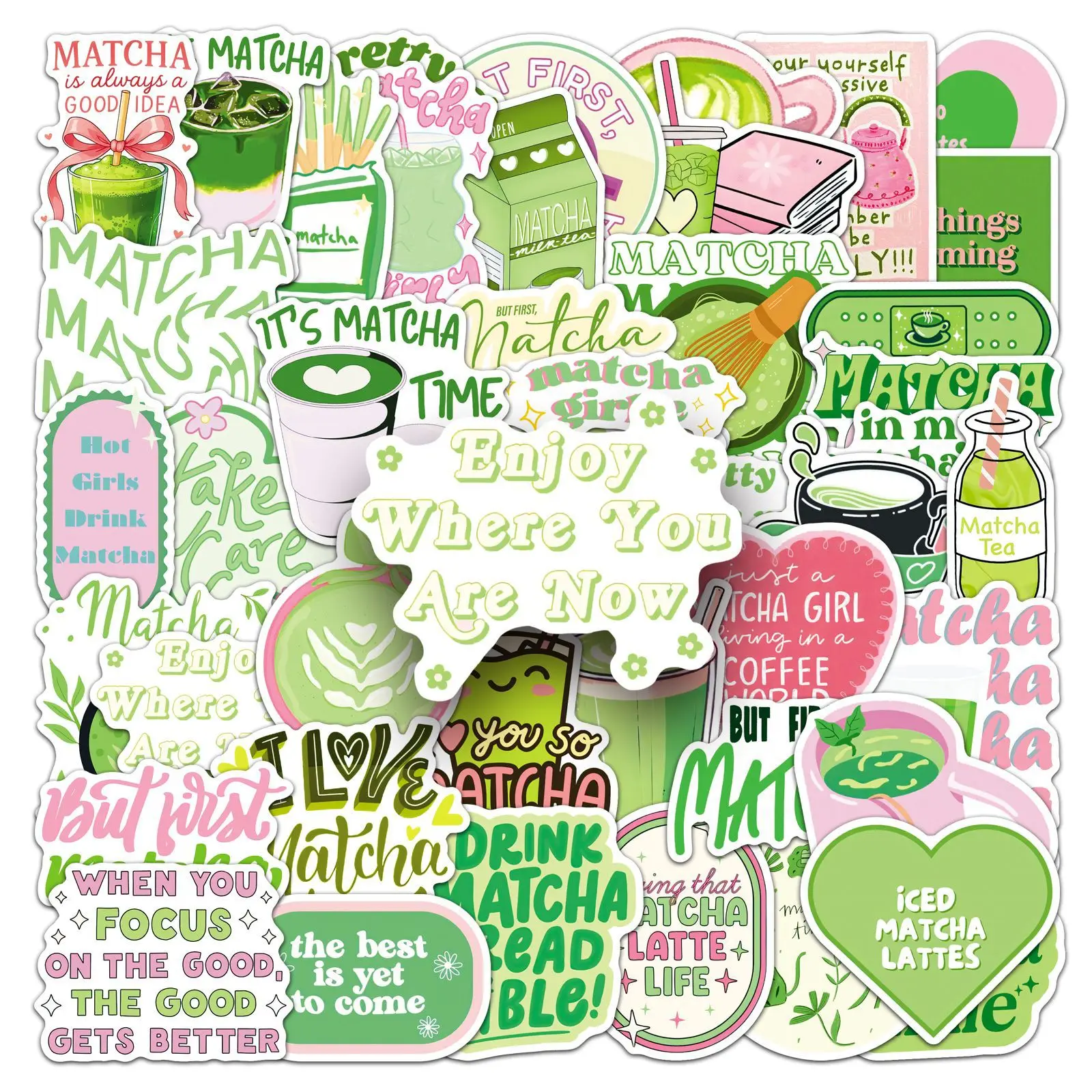 50 Pcs Matcha Aesthetic Stickers Kawaii Doodle Decals For Wall Phone Case Power Bank Journal Zen Tea Time Decor