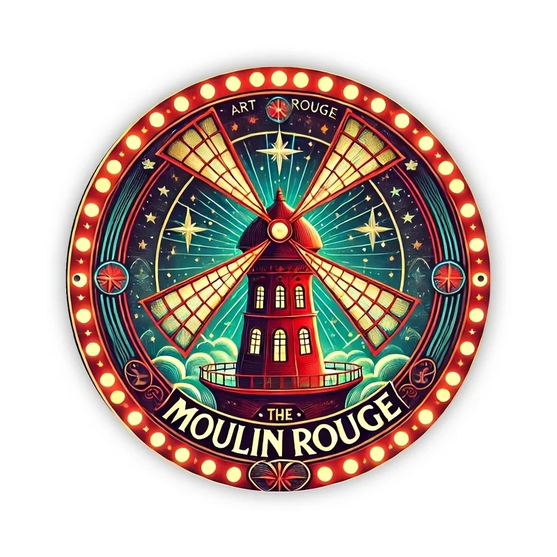 2D Flat - 1pc Moulin Rouge Vintage Metal Wall Art - Glowing Red Windmill Night Light, Round Retro Decor for Home, Garden, Kitche