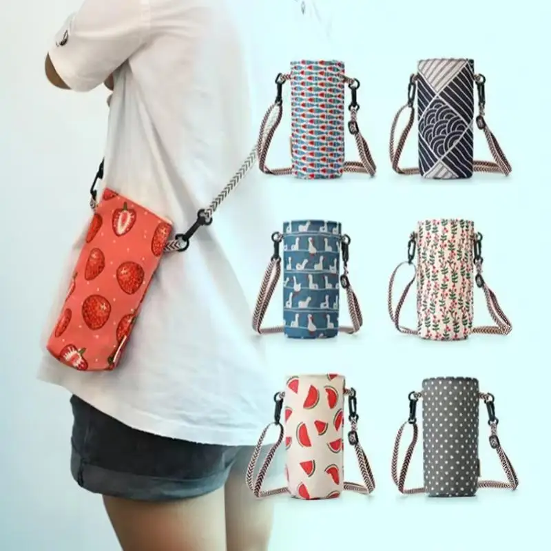 Insulated Water Bottle Cover Durable Canvas Thermos Pouch with Adjustable Shoulder Strap for Camping School Daily Use