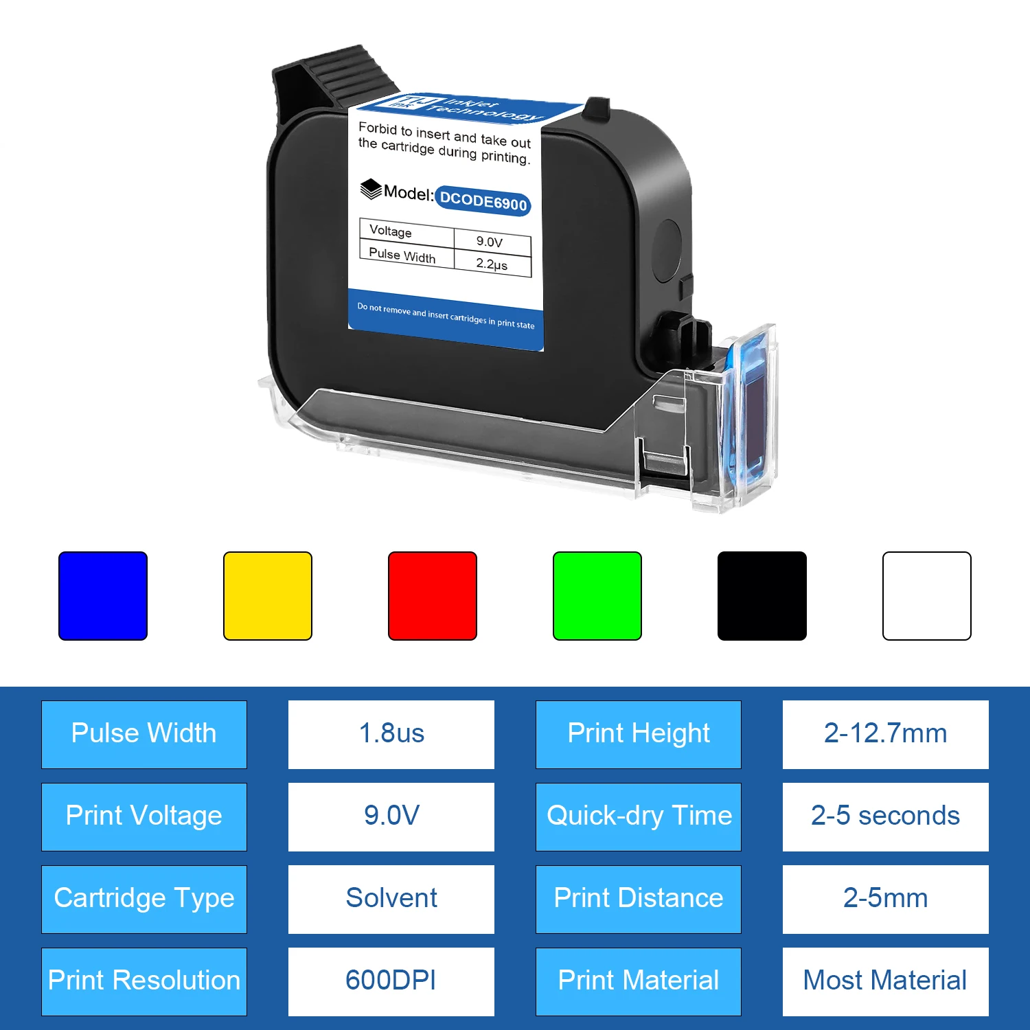 DCODE 12.7mm A Level HD TIJ Ink Cartridges Solvent Ink Cartridge Fast Drying Black White Red Yellow Blue Green Water-proof Inks