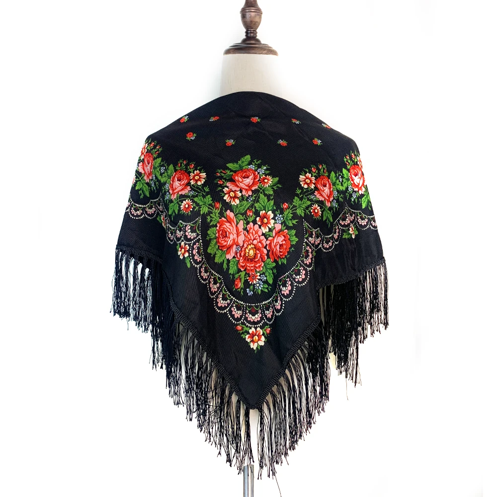 

Traditional Russian Square Scarf Women Luxury Floral Print Fringed Bandana Shawl Lady Headband Scarves Babushka Head Wraps