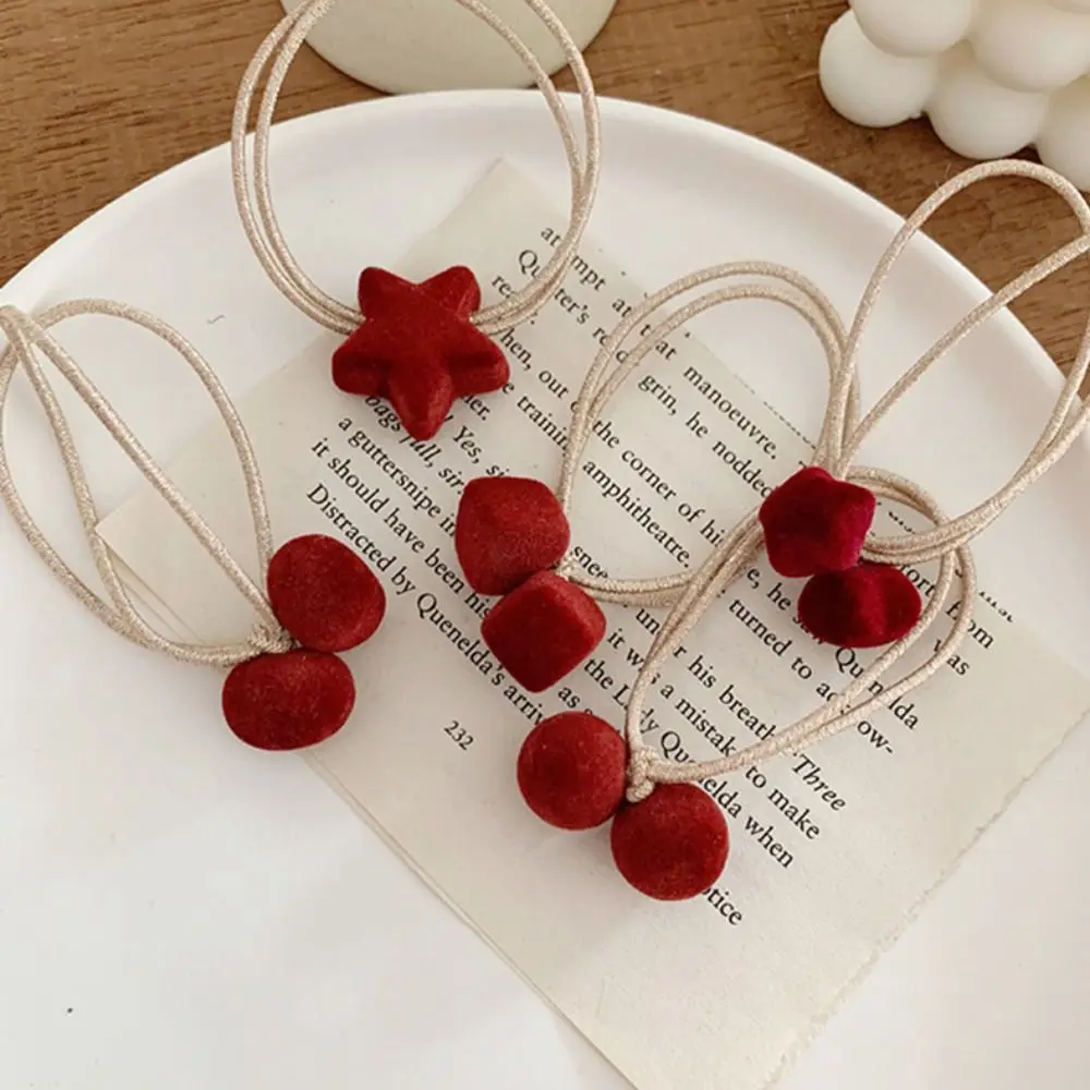 Retro Star Love Heart Red Velvet Hair Bands Hair Rope Scrunchies Meatball Head Elastic Rubber Headdress Hair Accessories