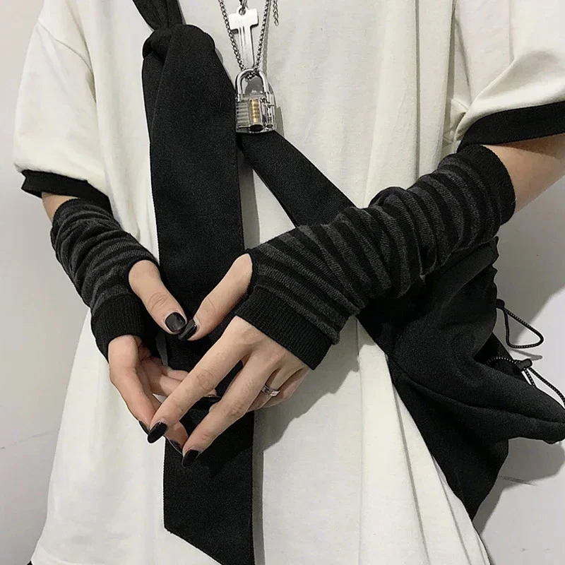 Winter Warm Long Sleeves Gloves For Men Women Fingerless Stripe Hip-Hop Elbow Mittens Elastic Outdoor Warmer Arm Sleeves