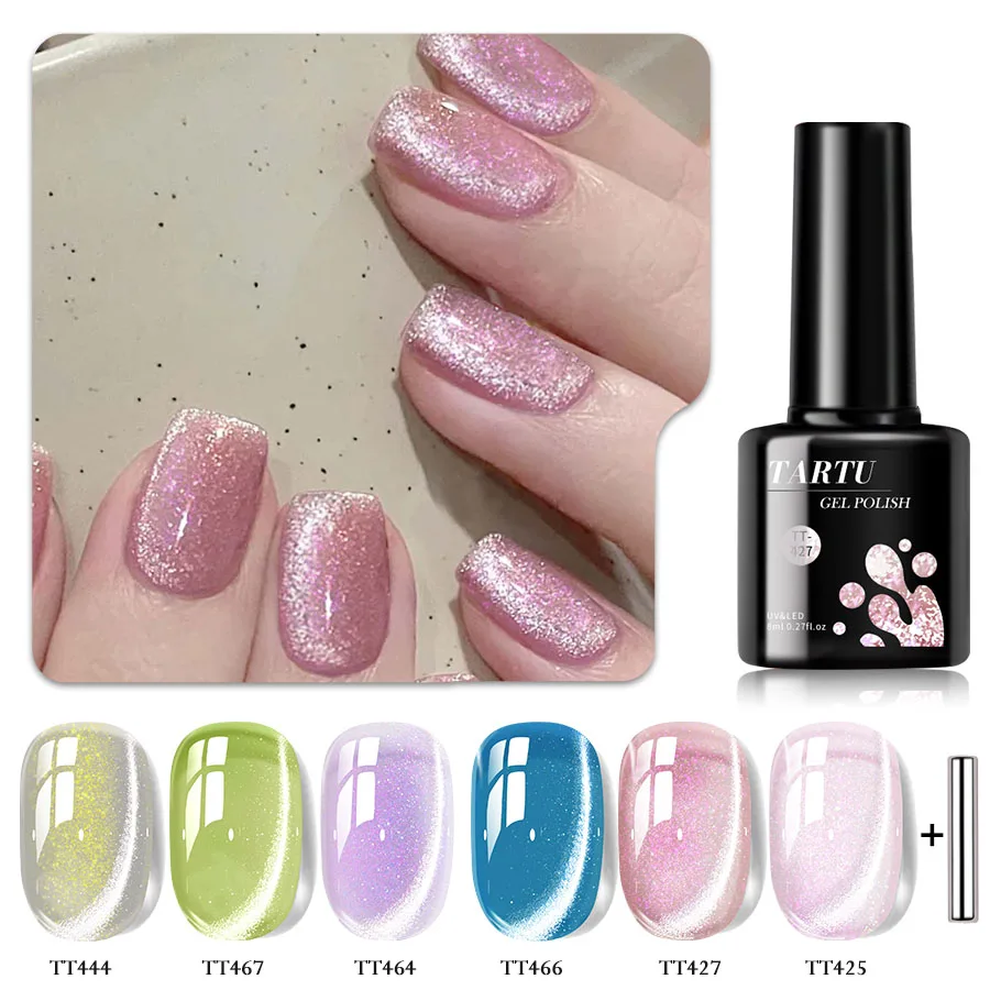 Set di smalti gel da 6 colori Cat-Eye viola, rosa, nero, giallo e verde da 8 ml, smalto glitter olografico con infusione LED/UV