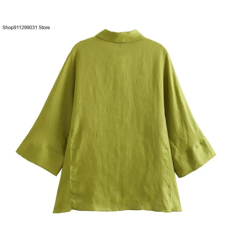 Spring and Autumn Casual European and American Loose Linen Long Sleeved Shirt Elastic Straight Leg Pants Set for Women