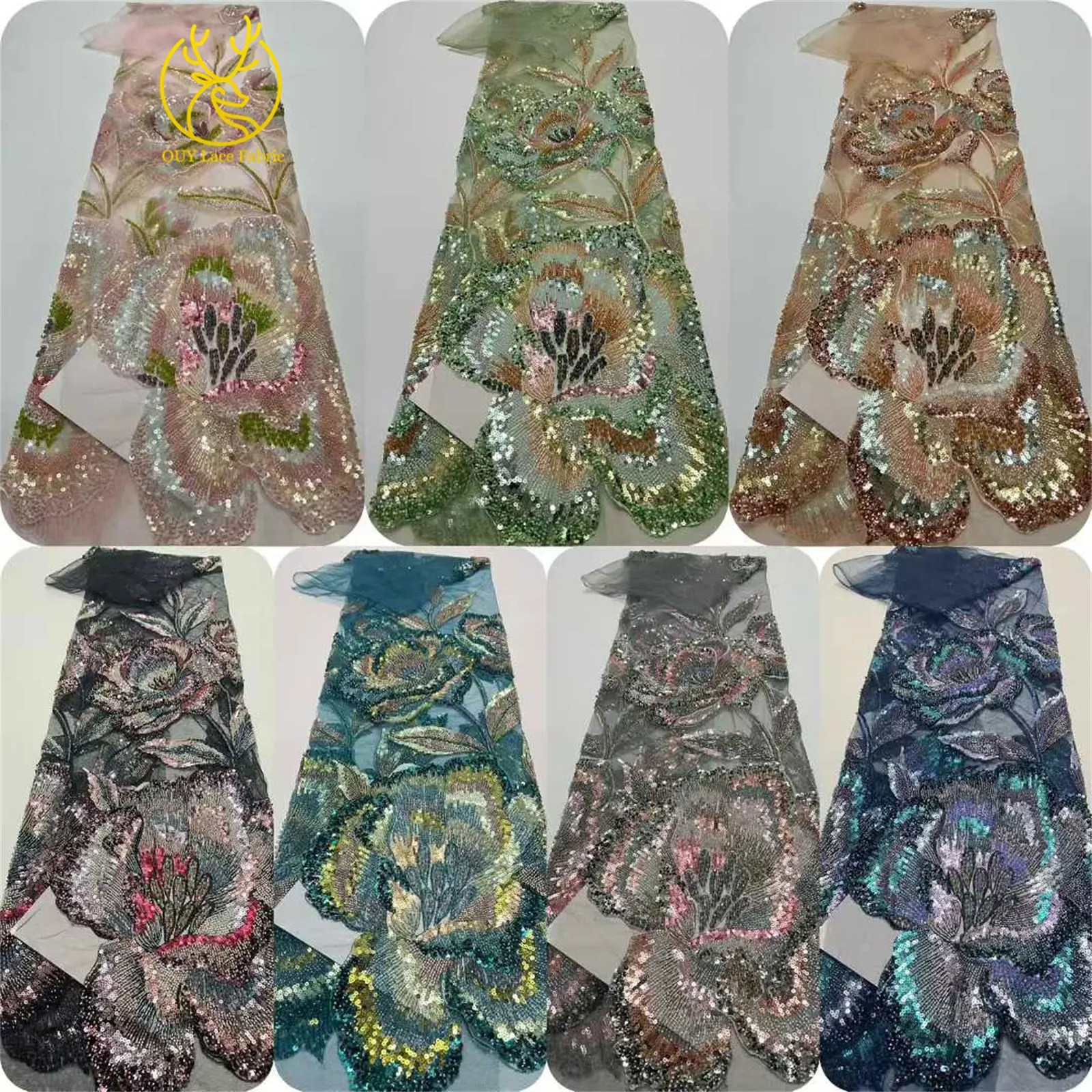 Nigeria Große Blumen Perlen-Spitzenstoff 2026 Luxuriöser Afrikanischer Spitzenstoff 5 Yards Französischer Pailletten-Spitzenstoff für Party- und Abendkleider – Detail 4