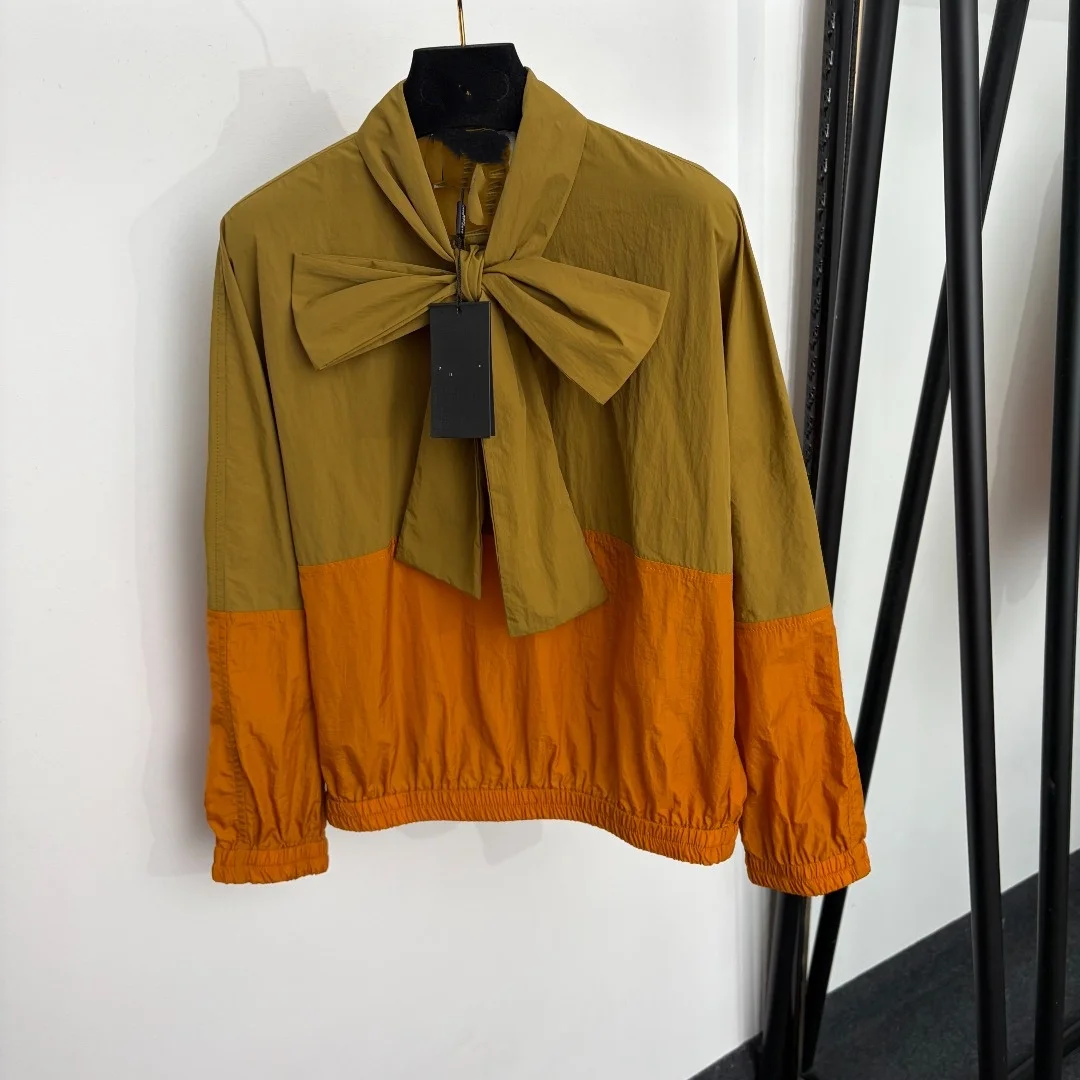 2026 New Style: Bowknot Ribbon Striped Nylon Windbreaker Lightweight Coat Long Sleeve Top