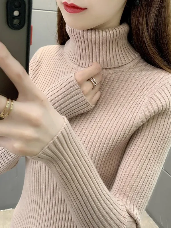 Suéter de Punto de Manga Larga con Cuello Alto ueso para Mujer, Estilo Nuevo de Otoño Invierno, Csa Interior Cálida y Fá...