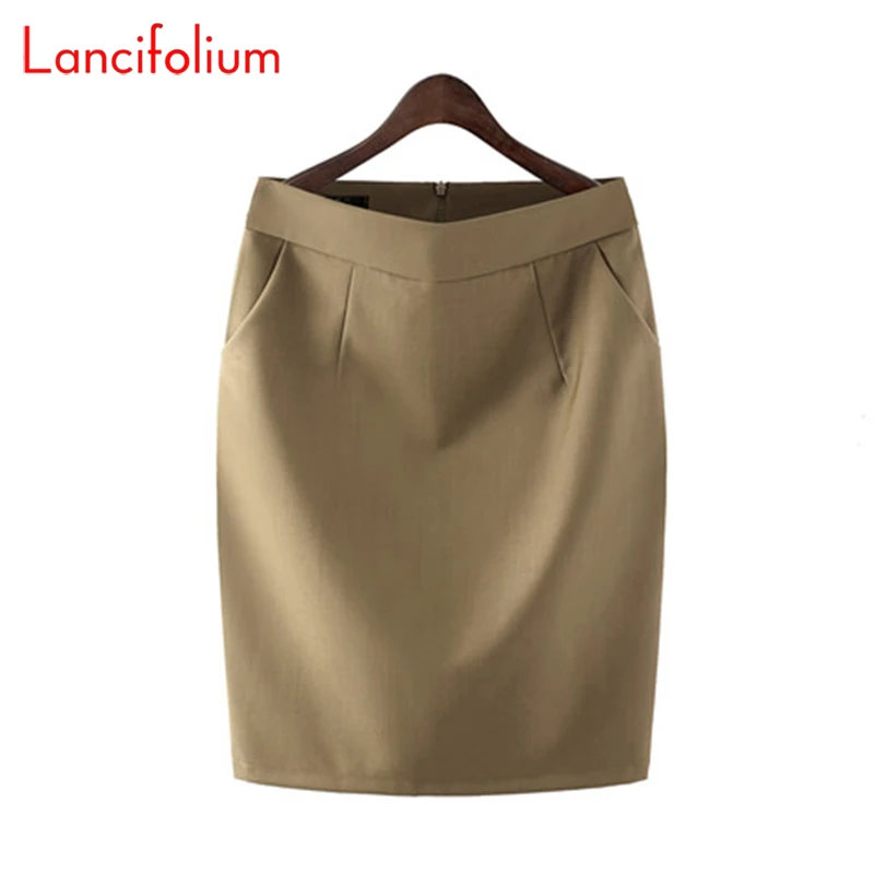 Knee Length Work Office High Waist Skirt Women Summer Vintage Formal OL Skirt Pocket Female Black Grey Bodycon Business Skirt